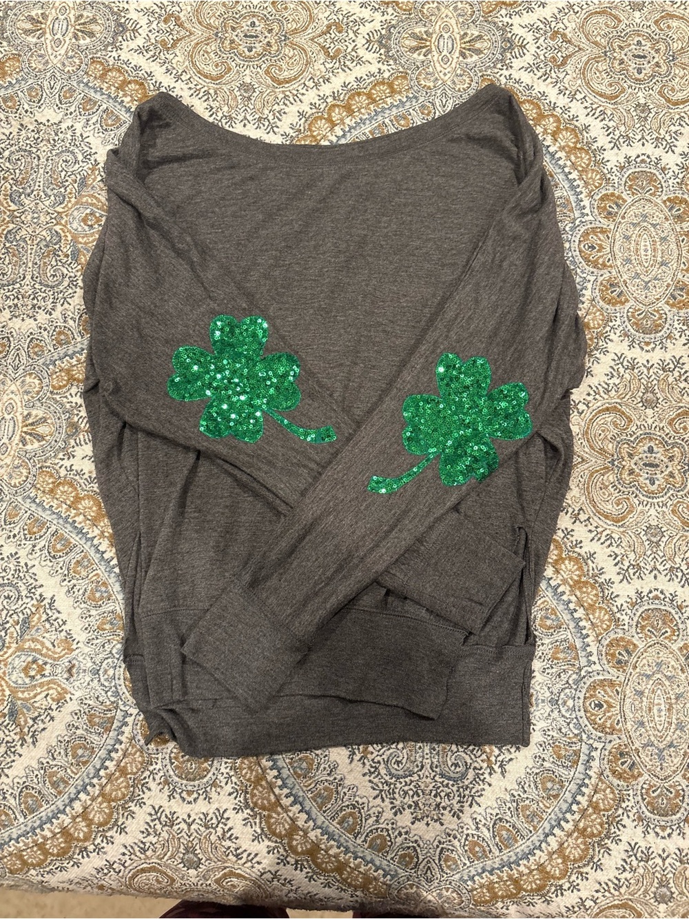 Gray Sweater with Green Sequin Shamrocks